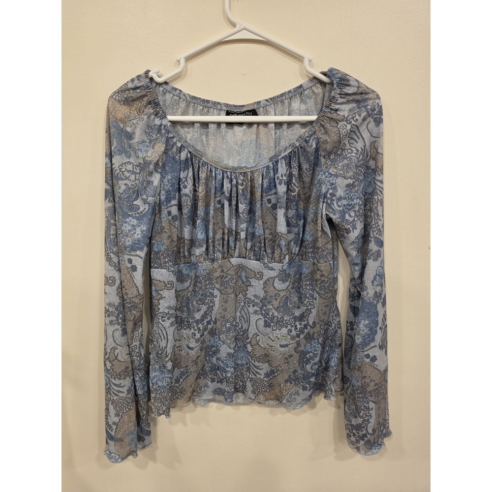 Y2K Blue Paisley Floral Mesh Top Womens M/L Long Sleeve
